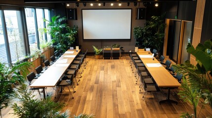 Poster - Open-plan meeting space with moveable whiteboards and business tools arranged for planning