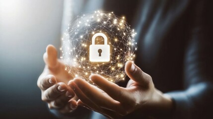 Poster - Password protection graphic with floating characters and lock icon on cyber background
