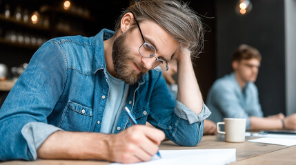Poster - Focused student writing notes during lecture in university cafeteria