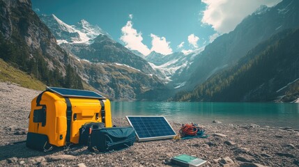 Poster - Portable solar-powered generator with connected devices in an outdoor scene
