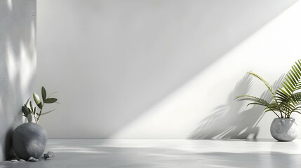 Poster - Elegant minimalist interior featuring sunlight and plants on white surfaces