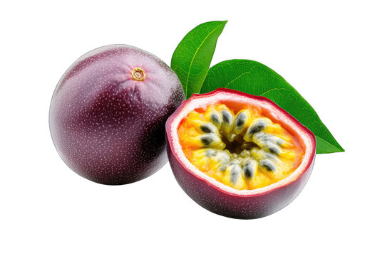 whole purple passion fruit alongside a halved version revealing its vibrant yellow-orange pulp and black seeds set against a clean white background