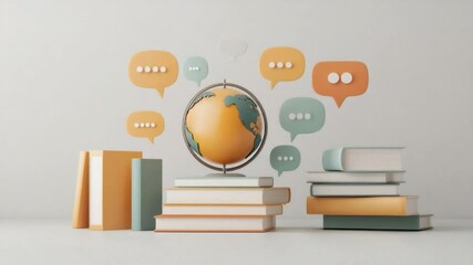 Aufkleber - Colorful globe on top of stacked books with speech bubbles for communication and education concepts