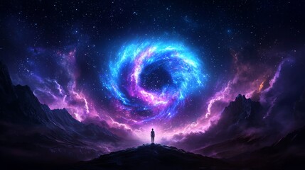 Wall Mural - cosmic wonder: a figure gazes at a swirling galaxy