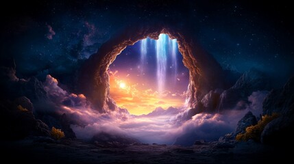 Wall Mural - Enchanted cave with cascading waterfalls and sunset glow