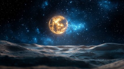 Wall Mural - celestial landscape with glowing moon and starry sky
