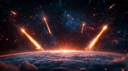 Wall Mural - celestial scene of meteors entering a vibrant atmosphere