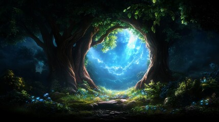 Wall Mural - enchanted forest portal with glowing blue light