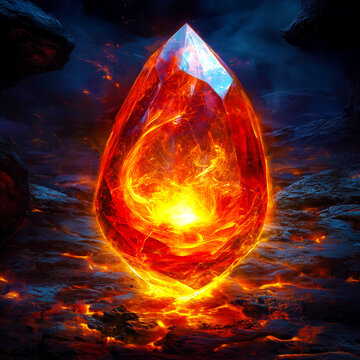 A large red crystal is surrounded by fire