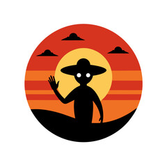 Wall Mural - alien silhouette waving near ufo with retro sunset