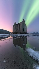 Wall Mural - Ancient stone structure reflecting in water, aurora borealis above, at night
