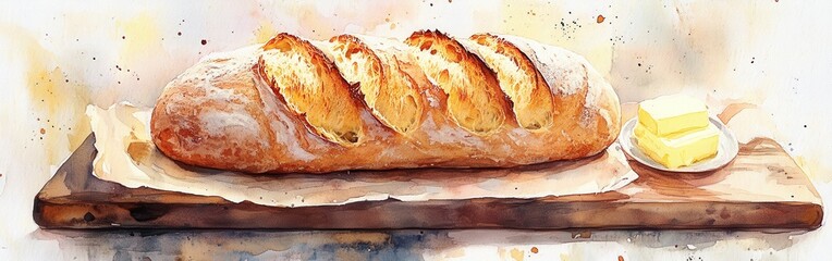 Poster - Watercolor Painting of Sliced Bread Loaf and Butter on a Wooden Board, Freshly Baked and Resting on Parchment