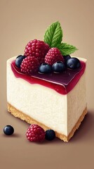 Poster - Slice of Berry Cheesecake with Raspberries, Blueberries, and Mint Leaves on Beige Background