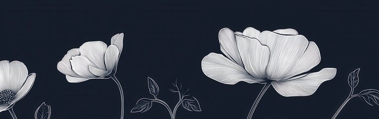 Poster - Elegant silver flower outlines against a dark navy background create a clean, minimalist design perfect for backgrounds and banners.