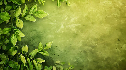 Poster - Lush green leaves decorate a textured wall with artistic brushstrokes