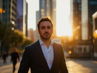 Poster - Portrait of a Confident Young Businessman in Suit at Sunset in a Modern Urban Setting