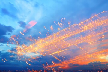 Poster - Colorful light trails illuminate clouds in the evening sky above urban landscape, light trails over clouds on sky