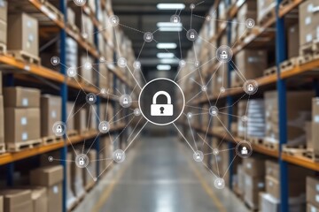 Poster - Network connections with padlock icon in a warehouse filled with cardboard boxes and storage shelves, network of connections and padlock icon over warehouse