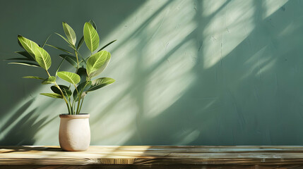 Poster - A potted plant sits against a green wall with light shadows