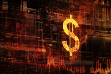 Poster - Data processing visualization with dollar sign and abstract patterns in technology background, scope scanning over diagrams and data processing