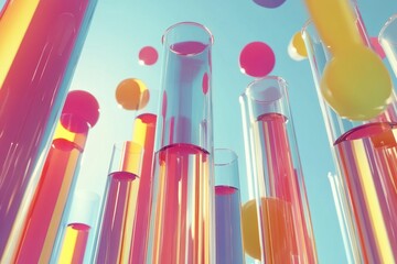 Poster - Shapes move gracefully over colorful test tubes in a vibrant setting, shapes moving over test tubes