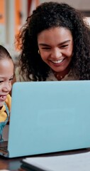 Leinwandbilder - Happy woman, teacher and laptop with high five for student achievement, learning or progress at library. Female person, tutor or kid with smile on computer for winning, success or child development