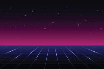Leinwandbilder - Retro cyberpunk style 80s game scene pixel art 8-bit sci-fi background. glowing neon grid and stars from vintage arcade computer games.