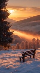 Wall Mural - Snowy winter sunrise over valley, tranquil bench