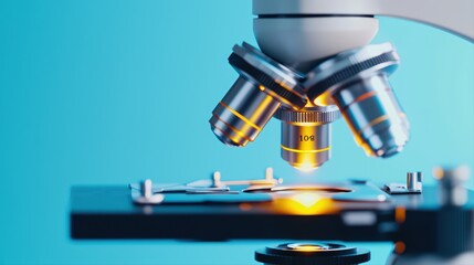 Poster - modern microscope with clear slide on light blue background