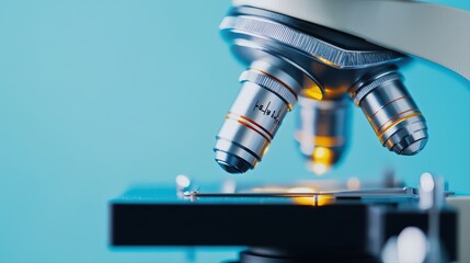 Poster - detailed close-up of microscope with slide on blue background
