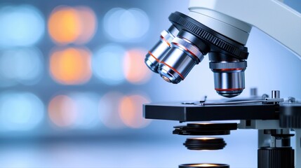 Poster - close-up of advanced microscope with lens and slide on table