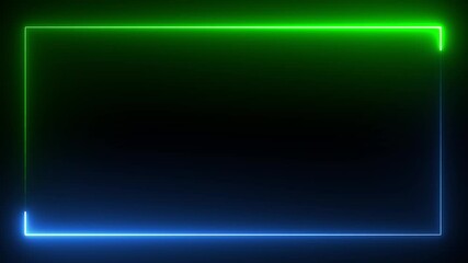 Wall Mural - Blue and green light for overlay element. Glowing neon rectangle frame icon animation on black background.