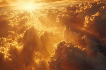 Poster - Timelapse of sun rays breaking through vibrant clouds at sunset over a serene landscape, Timelapse footage of clouds with rays of sunlight in the sky