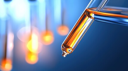 Poster - close-up of dropper with amber liquid and blurred background effects