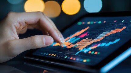 Poster - Close-up of hand interacting with digital financial data on tablet