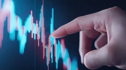 Poster - Hand pointing at financial graph with colorful candlestick chart