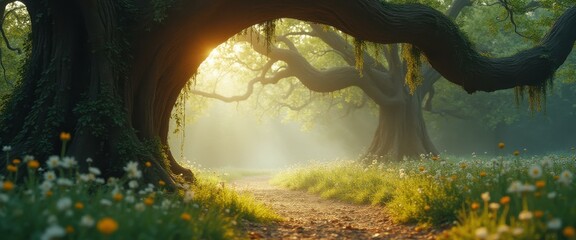 Poster - Enchanted forest path under ancient tree arch with sunlit meadow of wildflowers in a dreamy, serene nature landscape
