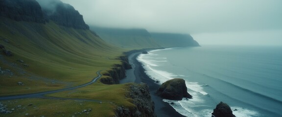 Aufkleber - Serene coastal landscape with rugged cliffs, green hills, and a winding road under a misty sky