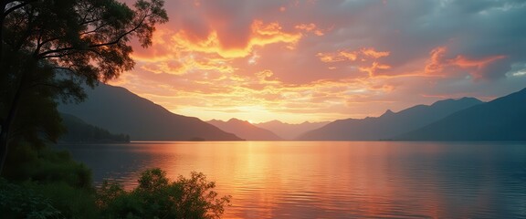 Poster - Tranquil mountain lake at dawn with vibrant sunset, reflecting light on the water surface, framed by lush foliage and silhouette mountains