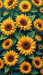 Aufkleber - Abundant Sunflowers in Full Bloom: A Vibrant Floral Display with Detailed Petals and Rich Brown Centers Against a Dark Green Backdrop