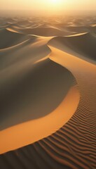 Poster - Ethereal desert landscape with golden dunes illuminated by the setting sun, creating undulating patterns and shadows, and evoking