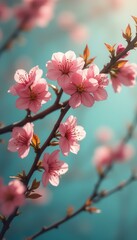 Poster - Delicate pink cherry blossoms on a branch against a soft teal sky, showcasing springtime beauty and floral detail.