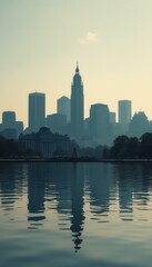 Poster - Foggy cityscape reflecting on a tranquil lake at sunset, featuring a prominent tower and classical architecture