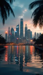 Aufkleber - Night cityscape with reflections, featuring illuminated buildings and palm trees with colorful sky