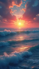 Poster - Mesmerizing ocean sunset with rolling waves and vibrant clouds, reflecting the warm light on the water's surface, creating a tranq