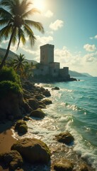 Poster - Coastal Castle on a Tropical Shoreline with Palm Trees and Turquoise Sea
