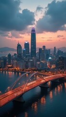 Aufkleber - Stunning aerial view of futuristic cityscape with illuminated skyscrapers, bridge, and glowing lights at dusk, creating a modern a