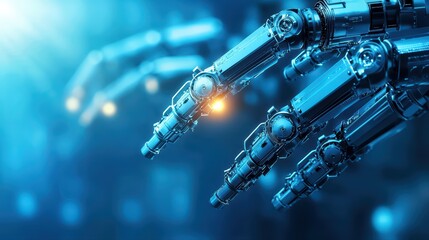 Poster - Futuristic robotic hands reaching out with advanced technology concept