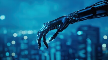 Poster - Futuristic robot hand reaching towards cityscape with blue light