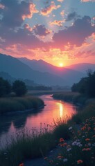 Poster - Mountain river flowing at sunset, beautiful pink and golden light reflected in the water, natural landscape